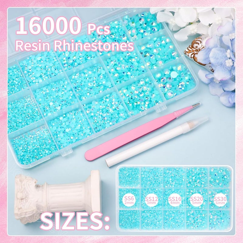 Uotey 16000 Pcs Resin Rhinestones for Crafting, Flatback Blue Gems Jelly Rhinestones, Mixed Sizes Blue Bedazzling Crystal with Pickup Tool for DIY Crafts Clothing Tumblers Mugs Shoes Fabric Nail Art - Image 2